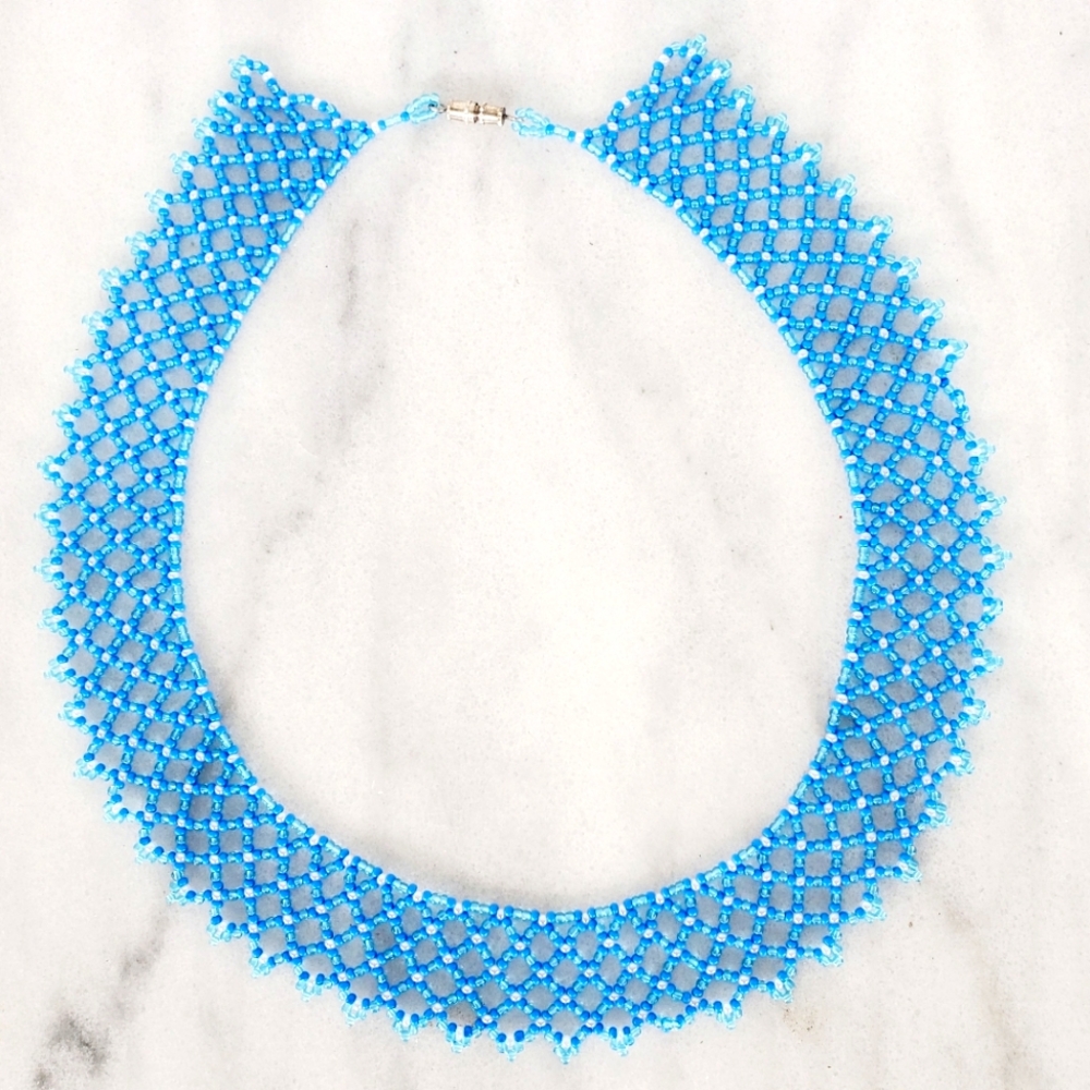#U16 Vintage Turquoise Blue Glass Seed Beads Bib Necklace